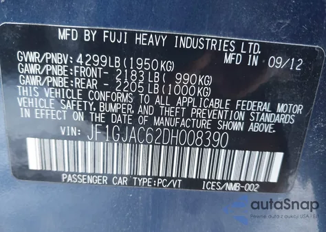 2013 Subaru Impreza 2.0I Premium z USA, uszkodzony, nr VIN JF1GJAC62DH008390